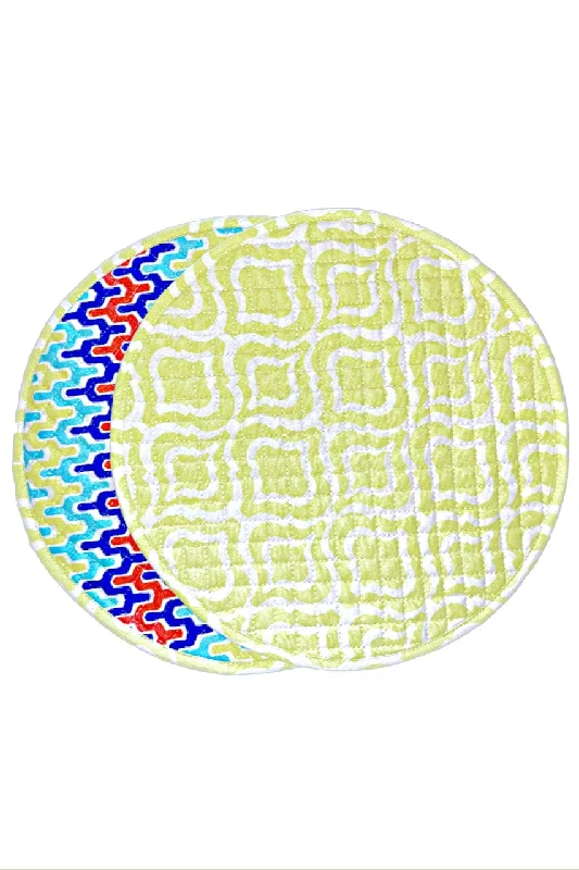 bargello citron yellow reversible arabeque aqua blue printed round quilted cloth placemats