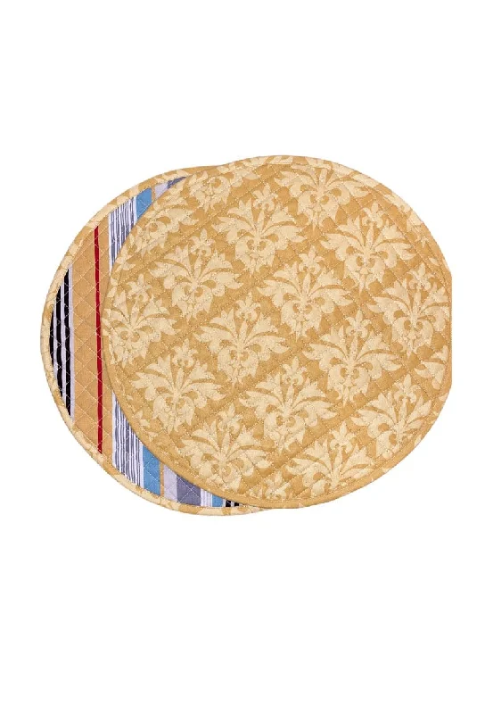 grand fleur gold reversible bold stripe licorice black printed round quilted cloth placemats