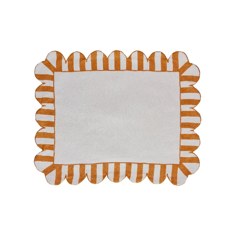 Jardin Embroidered Linen - Scalloped Stripe Placemats Amber (Set of 4)