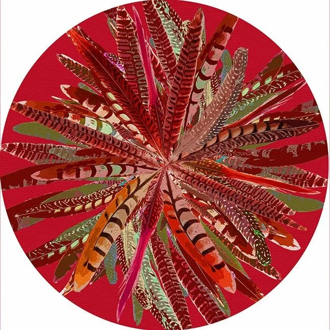 Pheasant Feathers Red 16" Round Pebble Placemat Set of 4