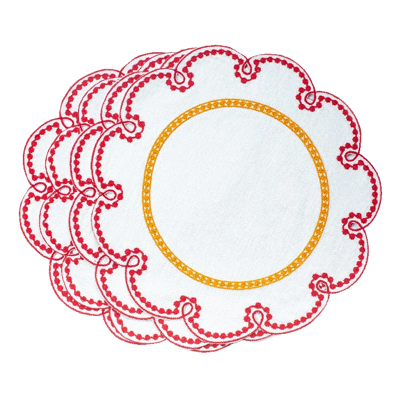 Fête Embroidered Linen Placemats in Red/Amber (Set of 4)