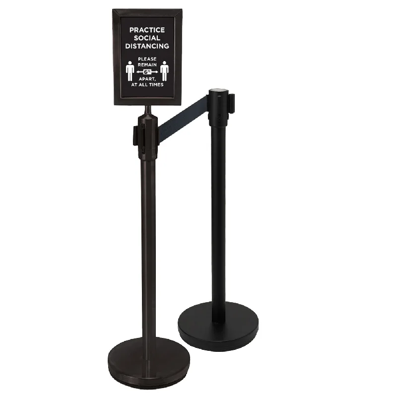 Winco 2 Piece Stanchion Set with 1 x Social Distancing Sign, Black