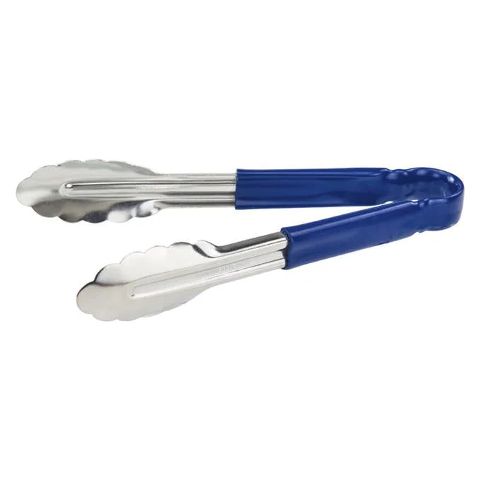 Winco 9" Utility Tongs for Cold Food with Blue Handle - UT-9HP-B