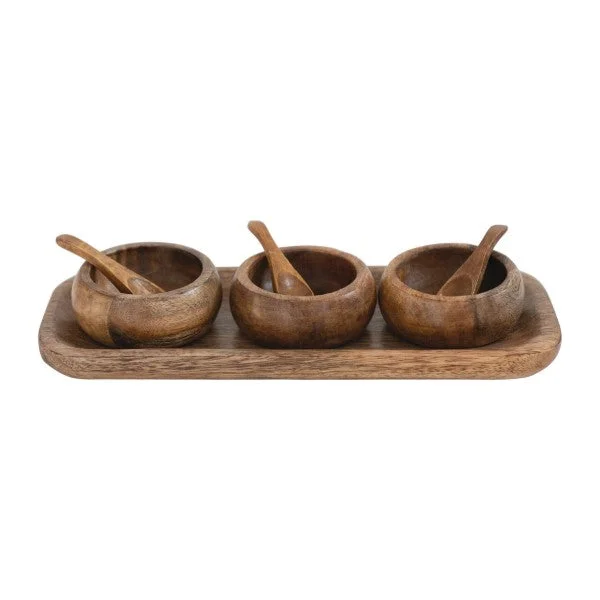 Bloomingville - Mango Wood Tray with Three Bowls & Spoons