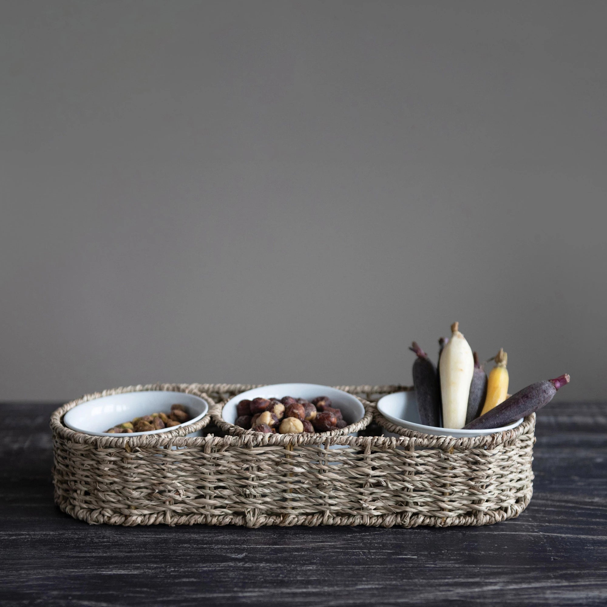 Creative Co-op - Woven Basket with Ceramic Bowls