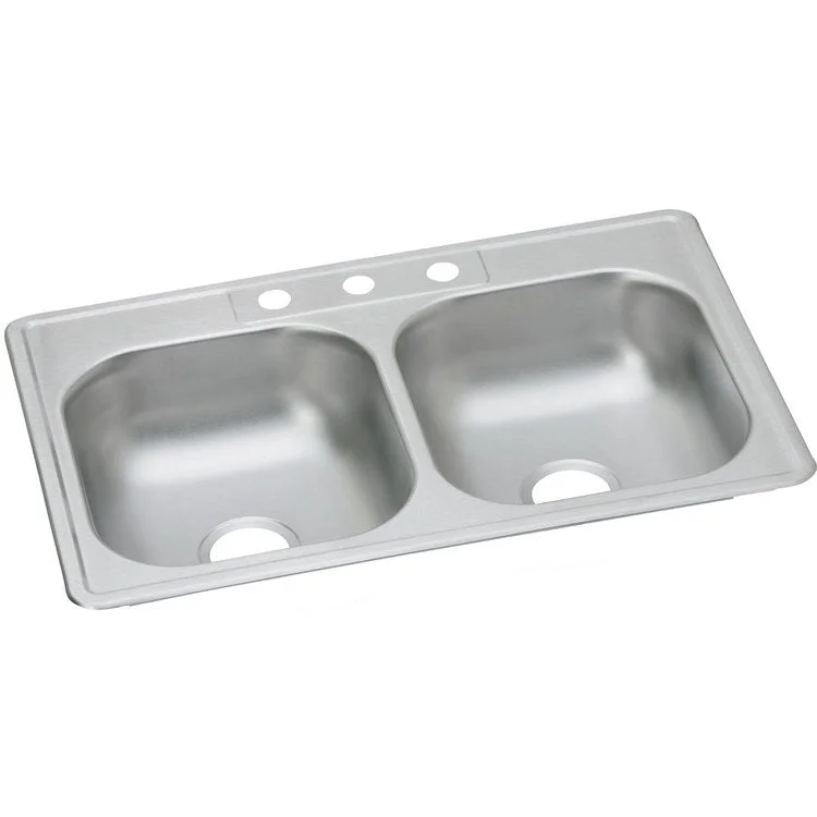 Kitchen Sink Dayton 33 x 21.25 Inch Double Bowl Equal 3 Hole ADA Satin Top Mount Rectangle Drain Location Center Depth 6-4/7 Inch Bottom Only Spray