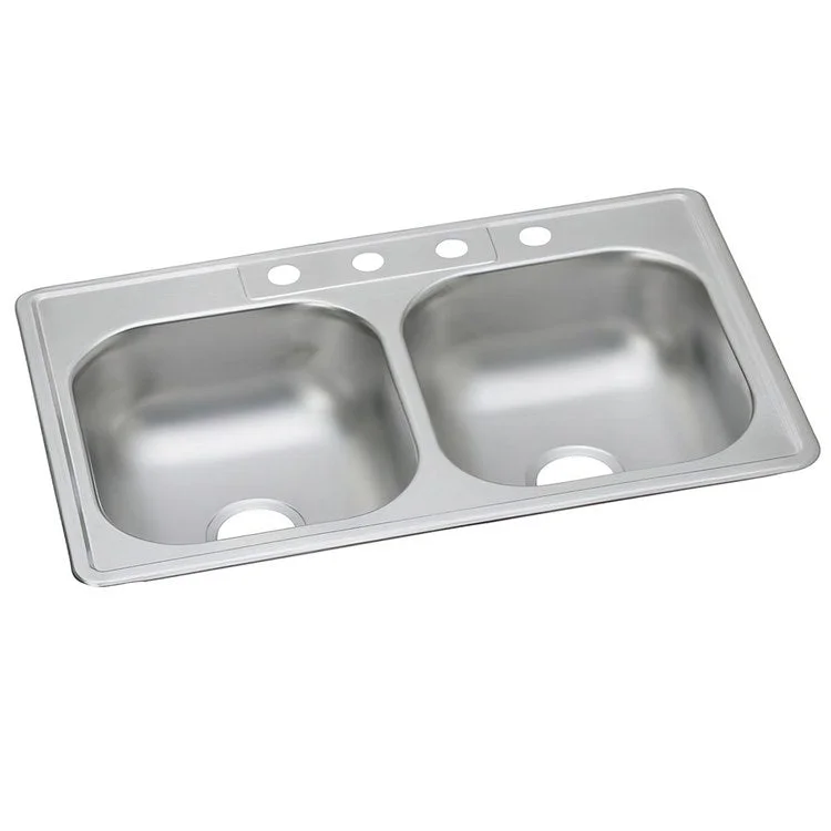 Kitchen Sink Dayton 33 x 22 Inch Double Bowl Equal 4 Hole Satin Top Mount Drain Location Center Multiple of 50 Bottom Only Spray