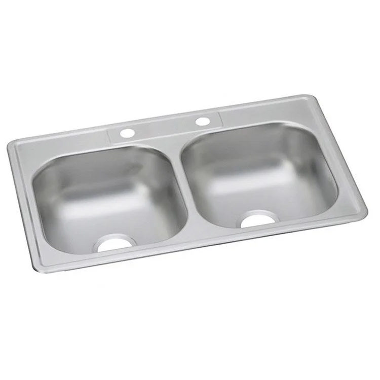 Kitchen Sink Dayton 33 x 22 Inch Double Bowl Equal MR2 Hole Satin Top Mount Drain Location Center Bottom Only Spray