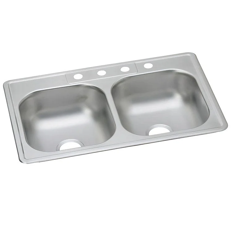 Kitchen Sink Dayton 33 x 22 Inch Double Bowl Equal 2 Hole Satin Top Mount Drain Location Center Bottom Only Spray