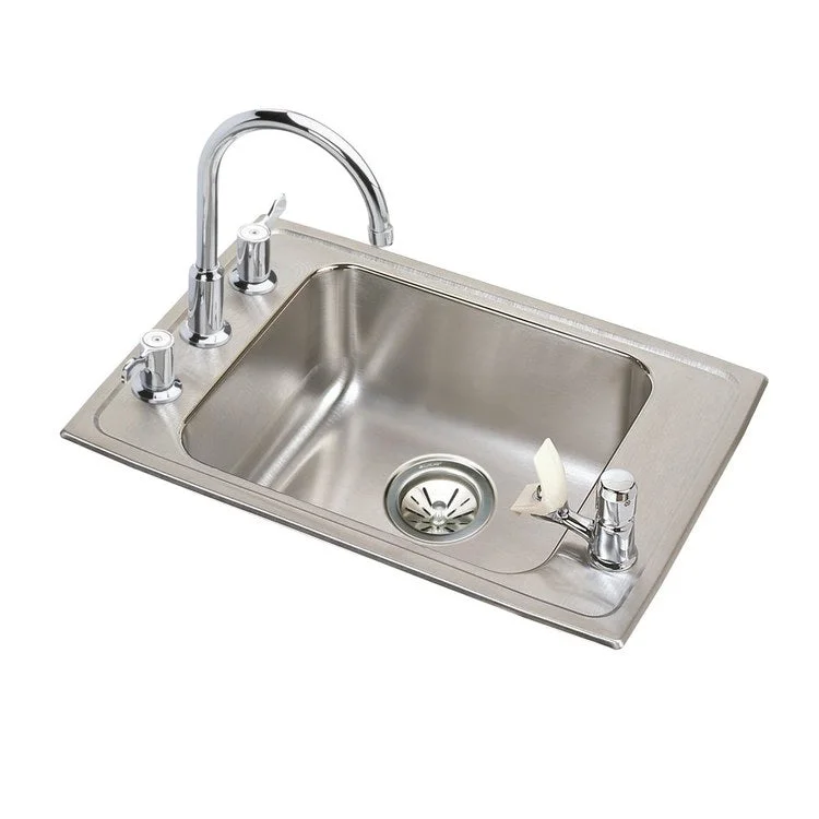 Classroom Sink Lustertone 22 x 19.5 Inch Single Bowl ADA Rectangular Faucet and Bubbler Kit 4 Hole Lustrous Satin Drop-In Minimum Cabinet Size 27 Inch 5 Inch 18 Gauge Bottom Only Pads LKD2439C Faucet LK1141A Bubbler LK35 Strainer