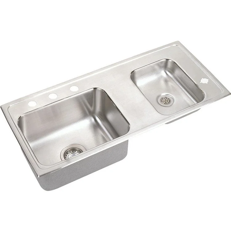 Classroom Sink Lustertone 37.25 x 17 Inch Double Bowl ADA Right 4 Hole Lustrous Satin Drop-In Minimum Cabinet Size 42 Inch 6 Inch Quick Clip Mounting System 18 Gauge Bottom Only Pads Mounting Hardware Included for Up to 3/4IN Countertop