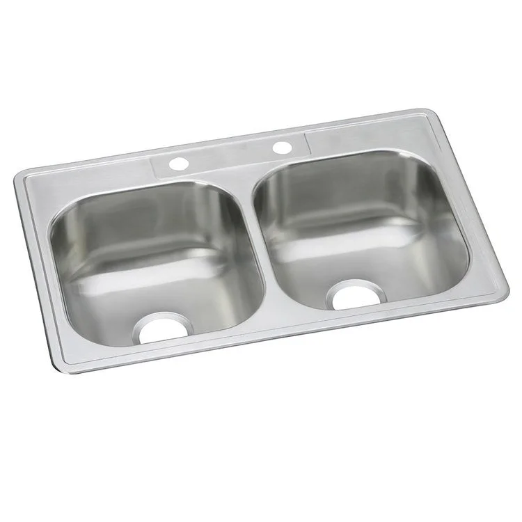 Kitchen Sink Dayton 33 x 22 Inch Double Bowl Equal 2 Hole Elite Satin Drop-In Drain Location Center Multiple of 40 Bottom Only Pads