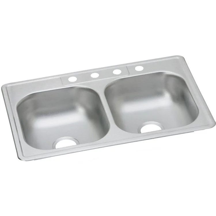 Kitchen Sink Dayton 33 x 22 Inch Double Bowl 4 Hole ADA Satin Drop-In Rectangle Drain Location Center Depth 6-4/7 Inch Multiple of 10 Bottom Only Pads