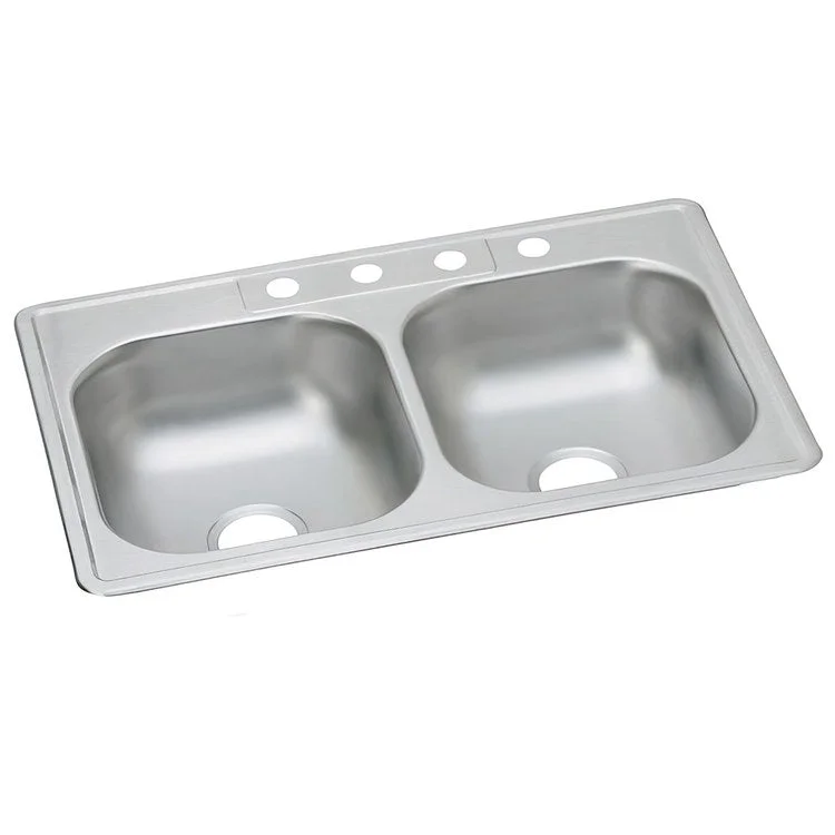 Kitchen Sink Dayton 33 x 22 Inch Double Bowl Equal 1 Hole ADA Satin Drop-In Rectangle Drain Location Center Depth 6-4/7 Inch Multiple of 50 Bottom Only Pads