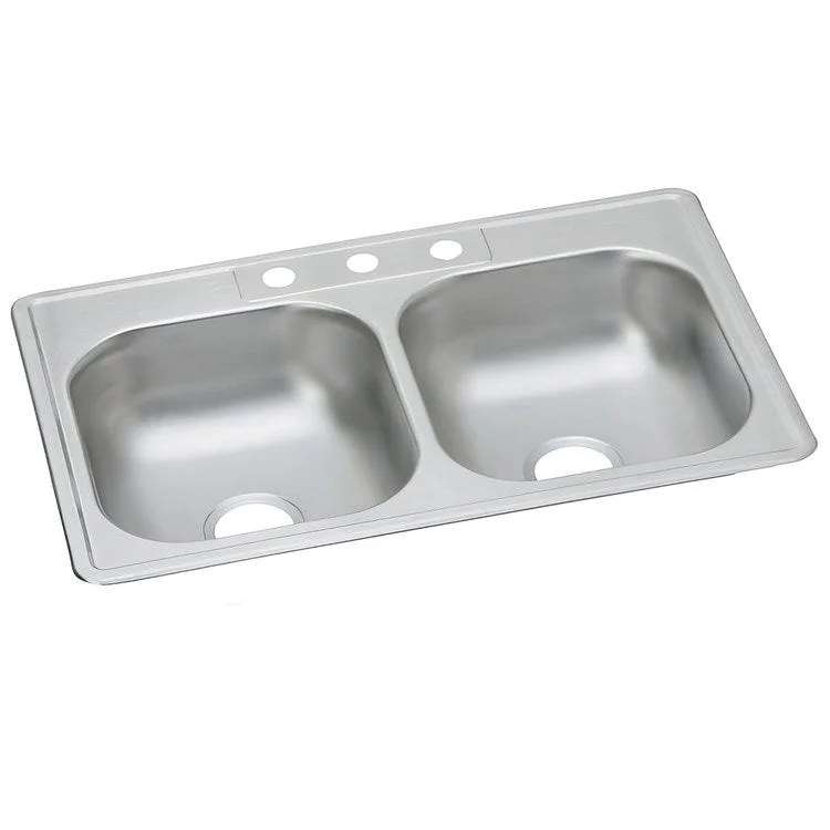 Kitchen Sink Dayton 33 x 22 Inch Double Bowl Equal 3 Hole ADA Satin Drop-In Rectangle Drain Location Center Depth 6-4/7 Inch Multiple of 50 Bottom Only Pads