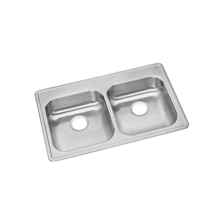 Kitchen Sink Dayton 33 x 21.25 Inch Double Bowl Equal ADA Satin Top Mount Rectangle Drain Location Rear Center Depth 5-3/8 Inch Bottom Only Pads