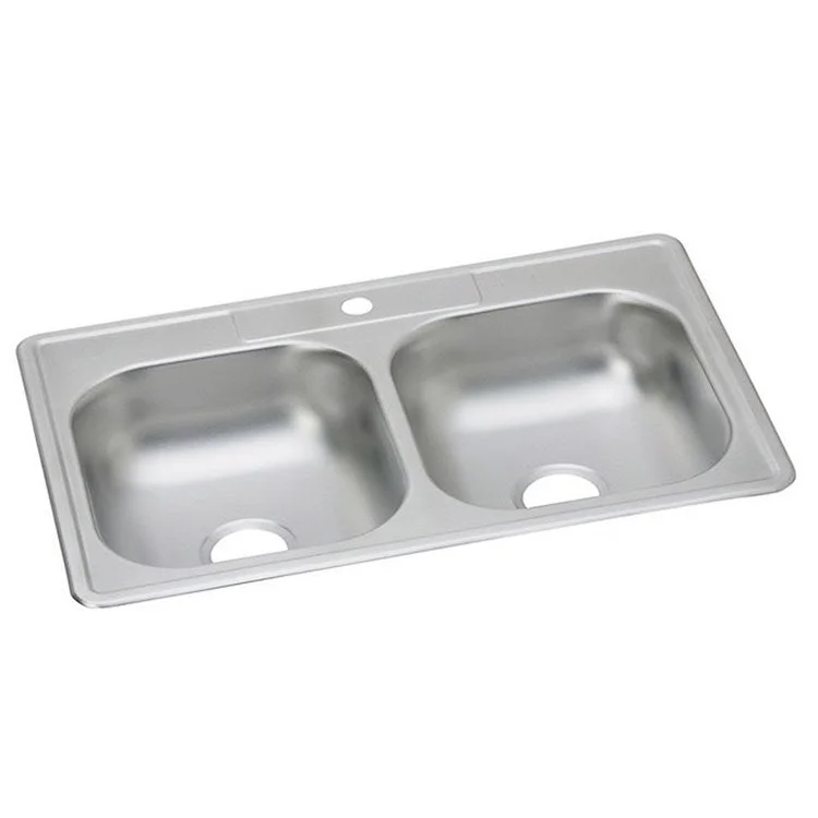 Kitchen Sink Dayton 33 x 22 Inch Double Bowl Equal 1 Hole ADA Satin Drop-In Rectangle Drain Location Center Depth 6 Inch Bottom Only Pads