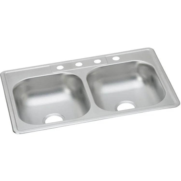 Kitchen Sink Kingsford 33 x 22 Inch Double Bowl Equal 3 Hole ADA Satin Drop-In Rectangle Drain Location Center Depth 6 Inch Bottom Only Pads