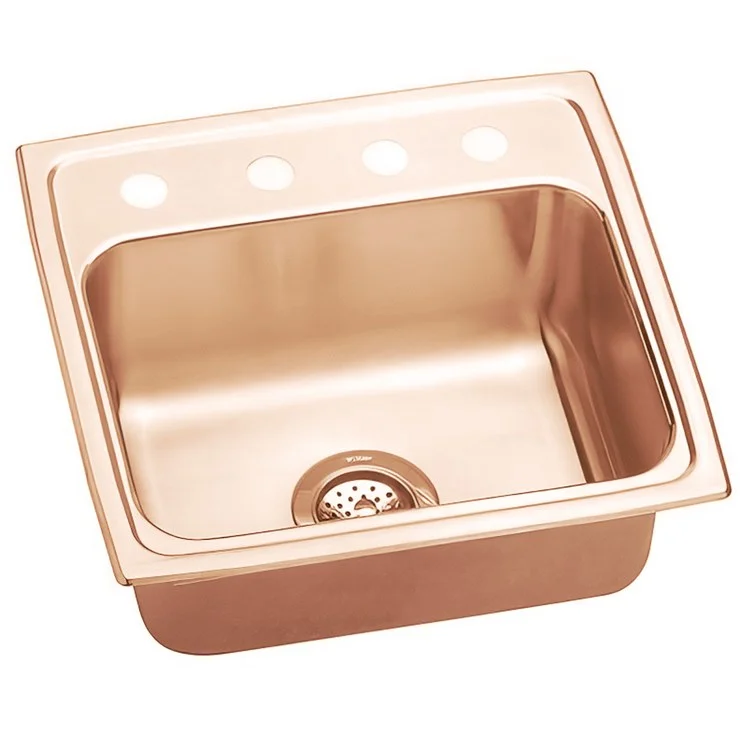 Kitchen Sink 19 x 18 Inch Single Bowl OS4 Hole Copper Drop-In CuVerro Antimicrobial Copper Drain Location Center Bottom Only Pads