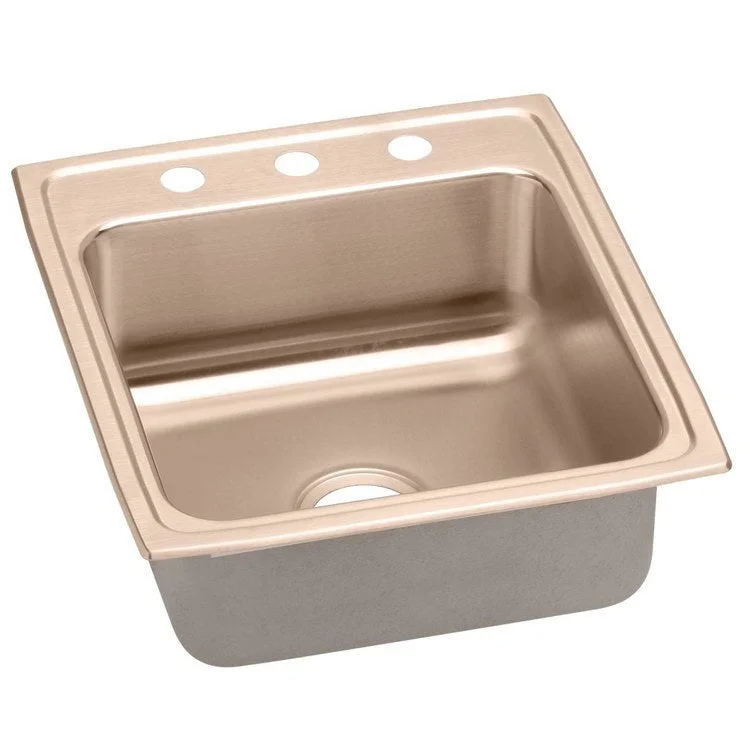 Kitchen Sink 19.5 x 22 Inch Single Bowl MR2 Hole Copper Drop-In CuVerro Antimicrobial Copper Drain Location Center Bottom Only Pads