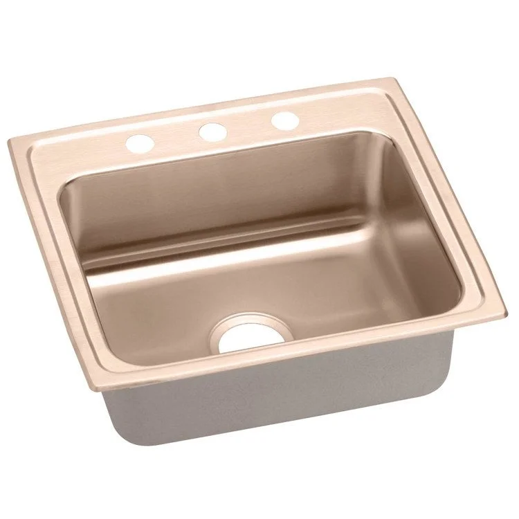 Kitchen Sink 22 x 19.5 Inch Single Bowl 2 Hole Copper Drop-In CuVerro Antimicrobial Copper Drain Location Center Full Spray Sides and Bottom