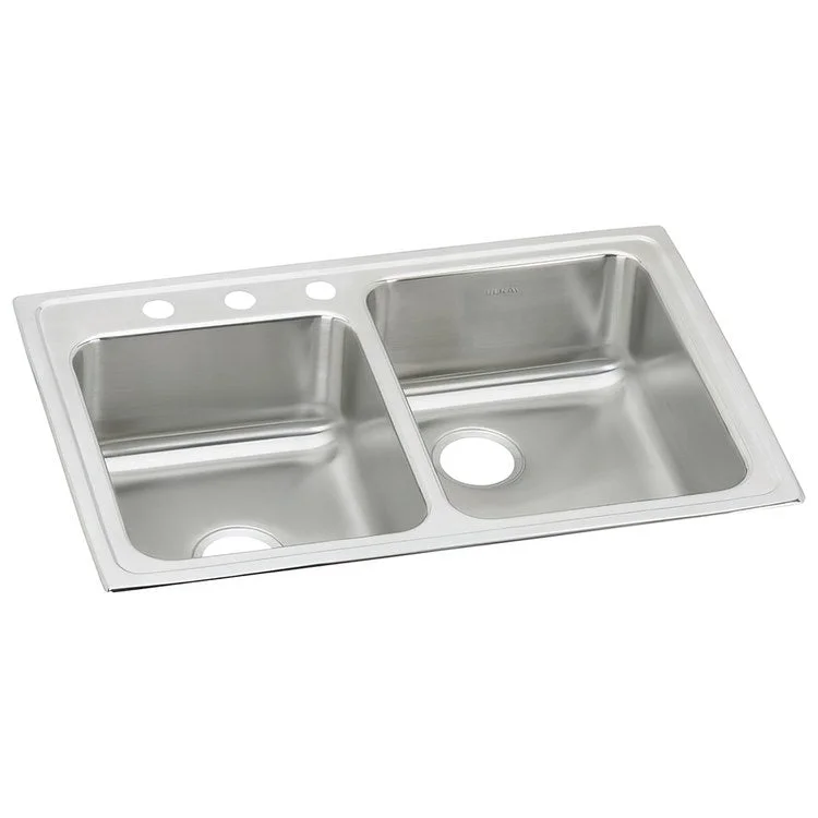 Kitchen Sink Lustertone Classic 33 x 22 Inch Double Bowl Offset 3 Hole Lustrous Satin Drop-In Stainless Steel Drain Location Center Rear Drain Location Center Sides and Bottom Pads