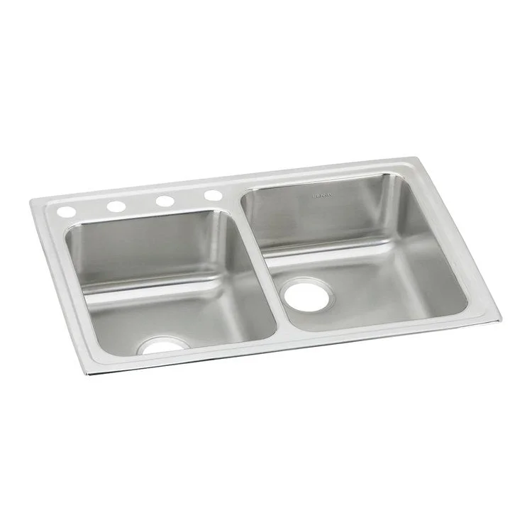 Kitchen Sink Lustertone Classic 33 x 22 Inch Double Bowl Offset 4 Hole Lustrous Satin Drop-In Stainless Steel Drain Location Center Rear Drain Location Center Sides and Bottom Pads