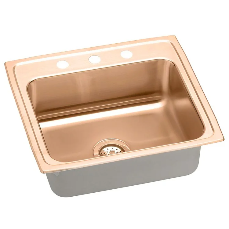 Kitchen Sink 22 x 19.5 Inch Single Bowl 3 Hole ADA Copper Drop-In Rectangle Drain Location Rear Center Depth 5-1/2 Inch Full Spray Sides and Bottom