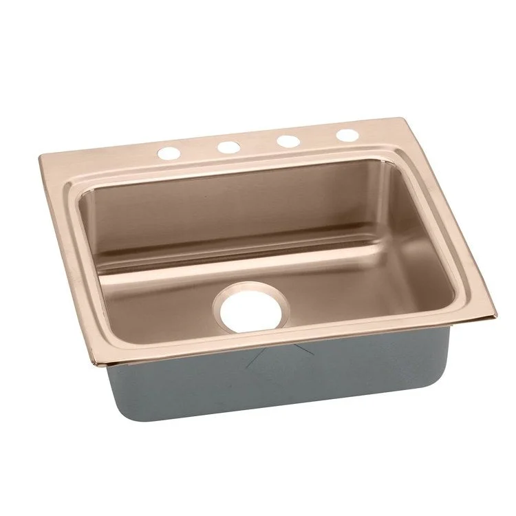 Kitchen Sink 25 x 22 Inch Single Bowl 5 Hole ADA Copper Drop-In Rectangle Drain Location Rear Center Depth 4 Inch Bottom Only Pads