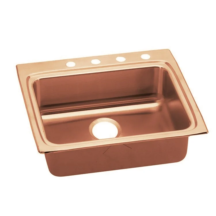 Kitchen Sink 25 x 22 Inch Single Bowl 1 Hole ADA Copper Drop-In Rectangle Drain Location Rear Center Depth 6-1/2 Inch Bottom Only Pads