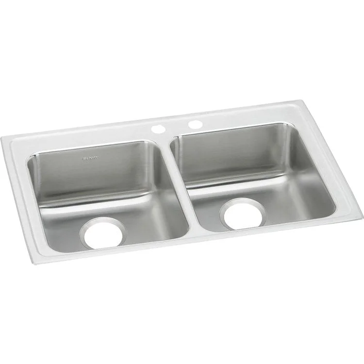 Kitchen Sink Lustertone Classic 33 x 19.5 Inch Double Bowl Equal MR2 Hole ADA Lustrous Satin Drop-In Rectangle Drain Location Rear Center Depth 6-1/2 Inch Bottom Only Pads