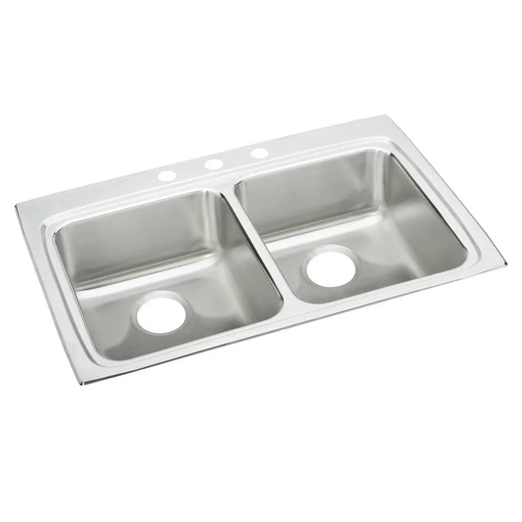 Kitchen Sink Lustertone Classic 33 x 22 Inch Double Bowl Equal MR2 Hole ADA Lustrous Satin Drop-In Rectangle Drain Location Rear Center Depth 5-1/2 Inch Bottom Only Pads