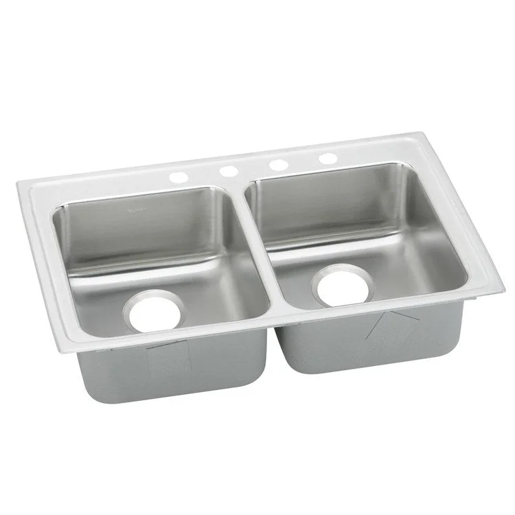 Kitchen Sink Lustertone Classic 33 x 19.5 Inch Double Bowl Equal 1 Hole ADA Lustrous Satin Drop-In Rectangle Drain Location Rear Center Depth 5 Inch Quick Clip Mounting System Bottom Only Pads