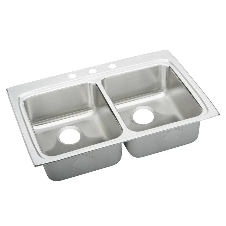 Kitchen Sink Lustertone Classic 33 x 22 Inch Double Bowl Equal MR2 Hole ADA Lustrous Satin Drop-In Rectangle Drain Location Rear Center Depth 5 Inch Quick Clip Mounting System Bottom Only Pads